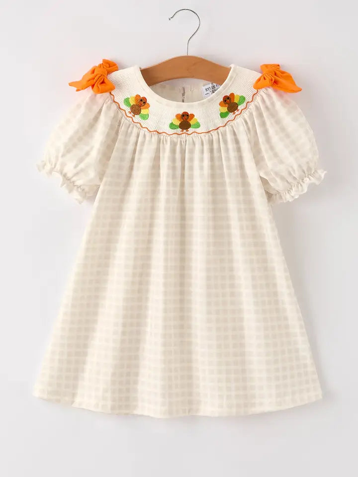 Fall Thanksgiving Apricot Plaid Turkey Embroidery Dress (ETA: Mid-July)