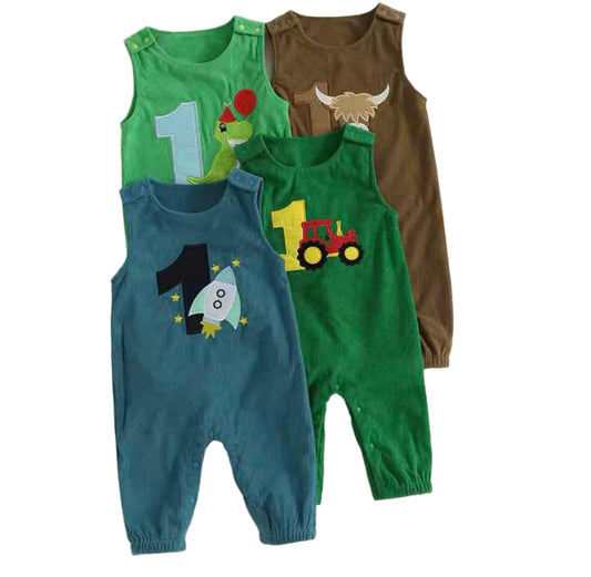 1st Birthday Boy Sleeveless Corduroy Rompers
