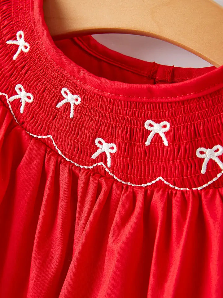 Bow Smocking Embroidered Red Dress