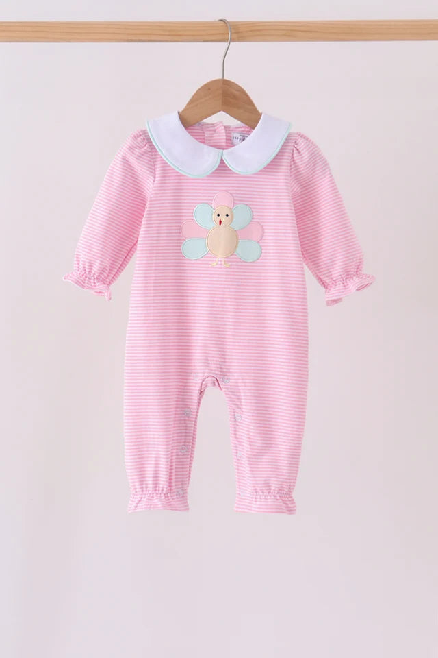 Pink turkey embroidery stripe romper