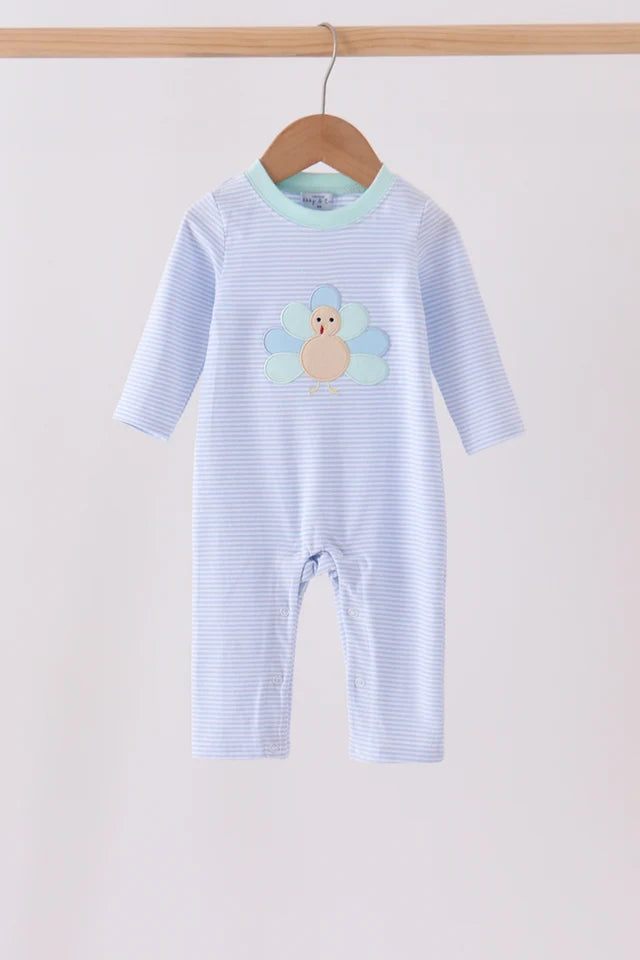 Blue turkey embroidery stripe romper
