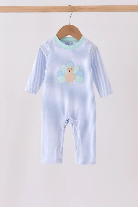 Blue turkey embroidery stripe romper