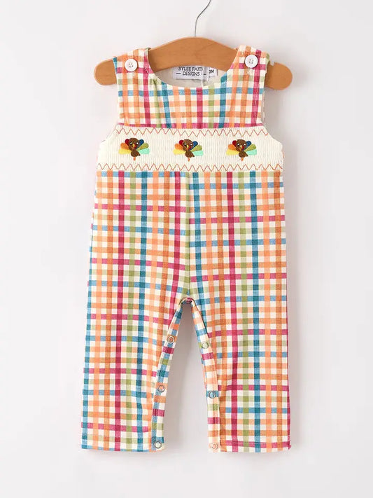 Fall Thanksgiving Color Plaid Turkey Boy Romper (ETA: Mid-July)