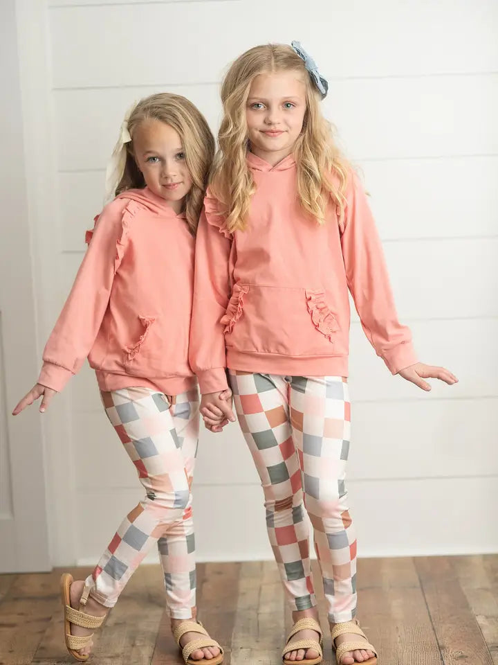 Kids Terra Cotta Ruffle Hoodie and Check Leggings Set