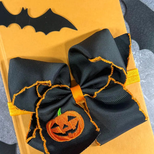 Jack-O-Latern Embroidered Moonstitch Bow Headband