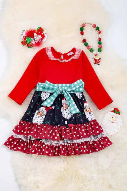 Red & navy blue Santa printed dress w/ruffle trim