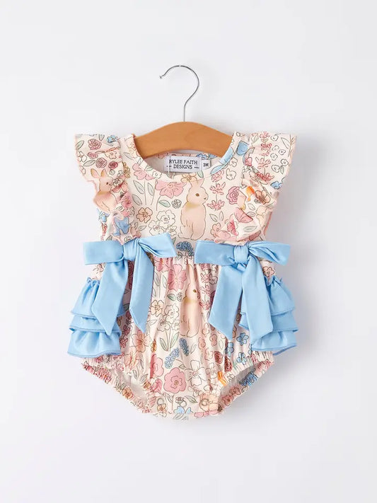 Easter Girls Blue Bow Bunny Floral Print Set