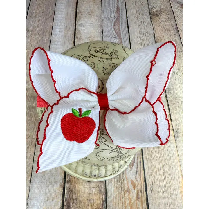 White Apple Embroidered Moonstitch Hair Bow  | Clip or Headband