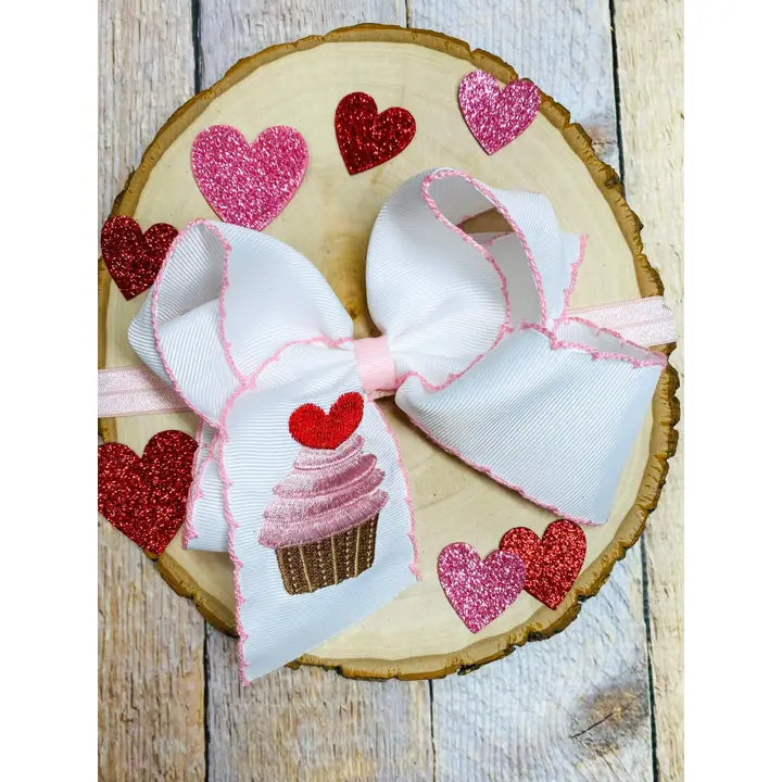 Cupcake Embroidered Moonstitch Bow Headband