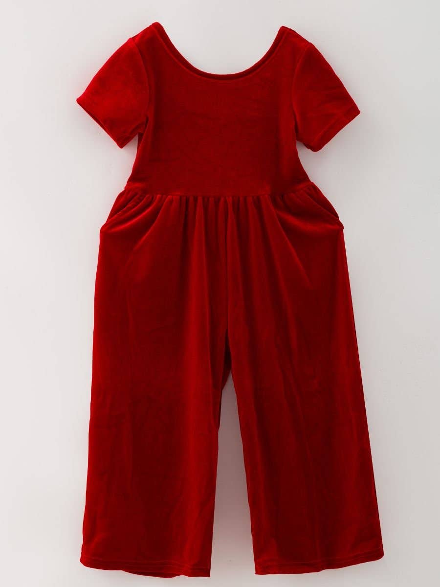 Classic Holiday Velvet Girls Jumpsuits with Pockets