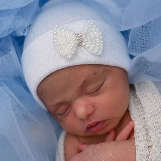 Ilybean White or Pink Hat MINI Pearl Bow Newborn Girl Hat