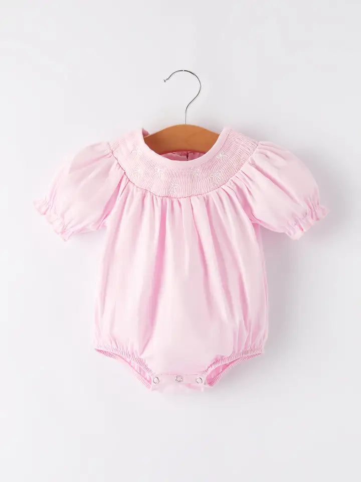 White Bow Smock Embroidered Pink Romper
