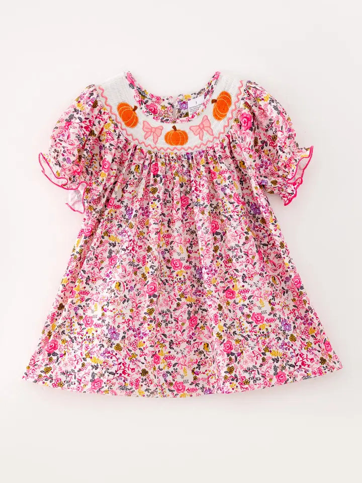 Pumpkin Bow Embroidered Short Sleeve Dress