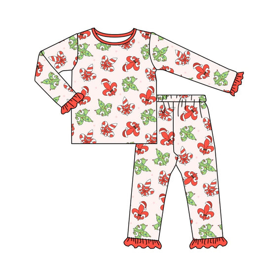 Pink Fleur De Lis Christmas Ruffle Pajamas