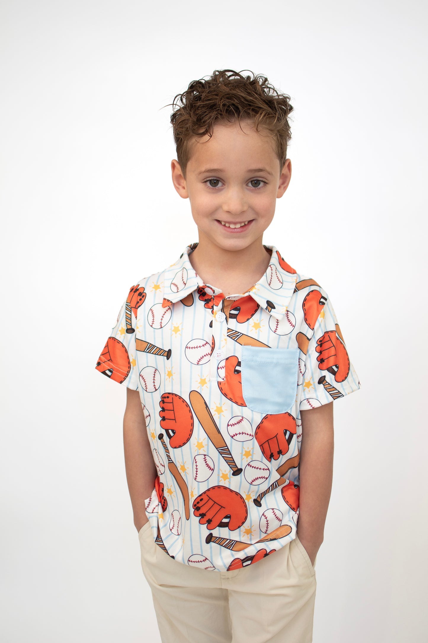 Boys Baseball Print Collar Shirt