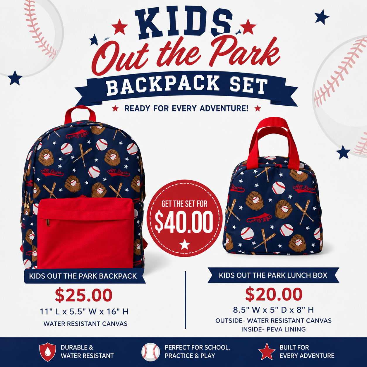 Kids Out of the Park Backpack Set