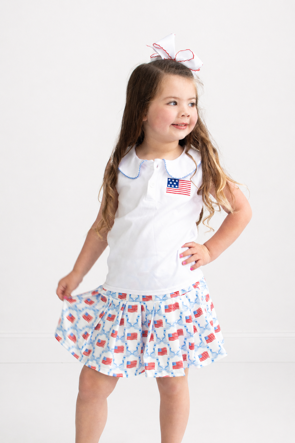 Blue flag embroidery skort set