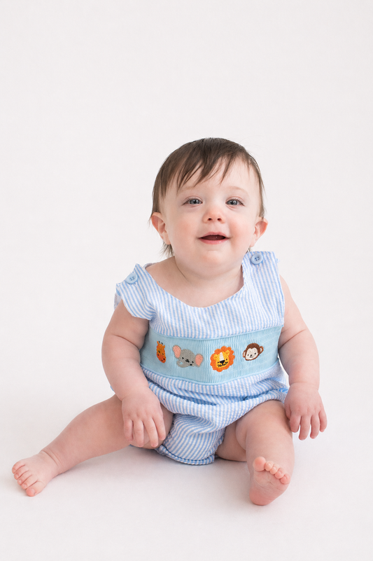 Blue Seersucker Zoo Animal Romper
