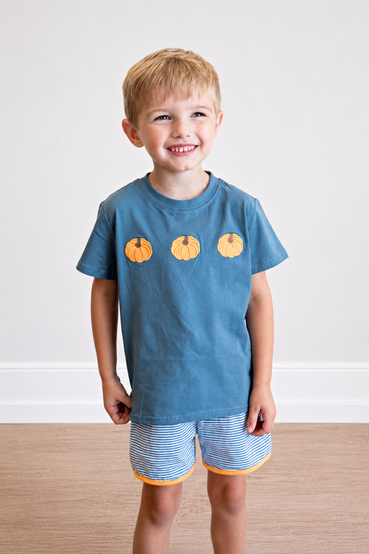 Teal pumpkin embroidery shorts set