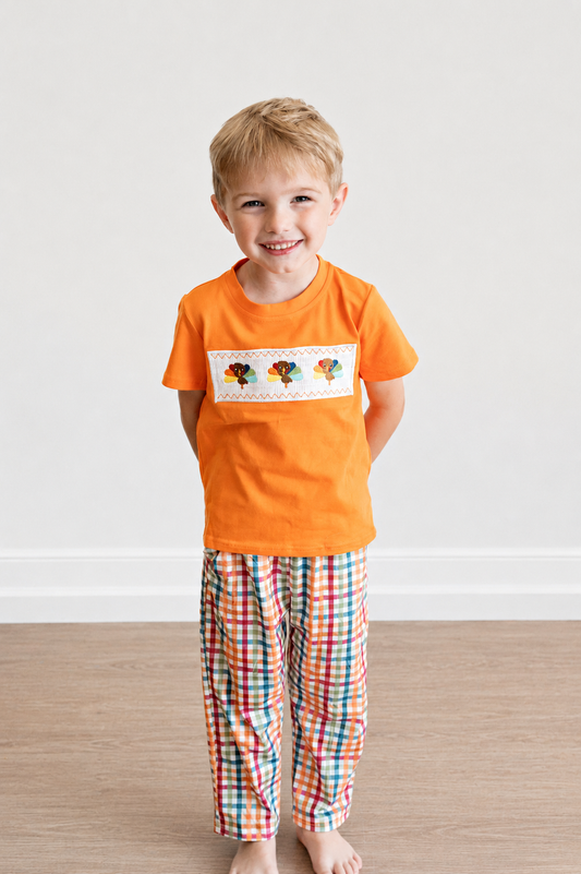 Fall Thanksgiving Color Plaid Turkey Boy Set