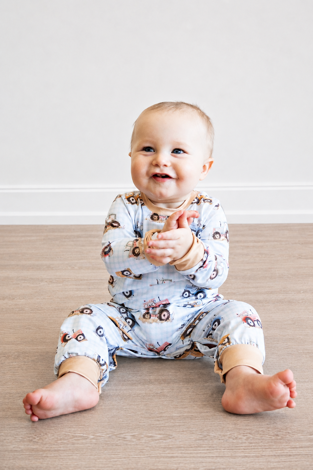 Blue Gingham Tractor Boy Romper