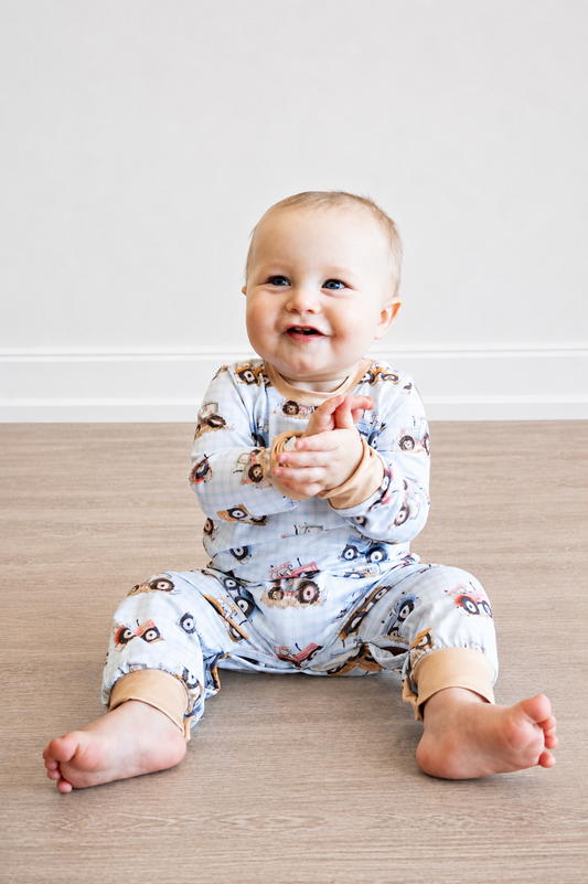 Blue Gingham Tractor Boy Romper
