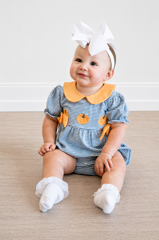Teal stripe pumpkin embroidery bow bubble