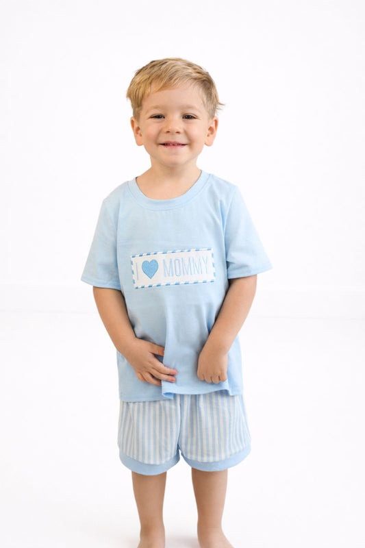 Blue I love MAMA smocked shorts set