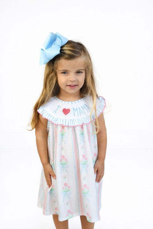 Blue floral I love MAMA smocked ruffle dress