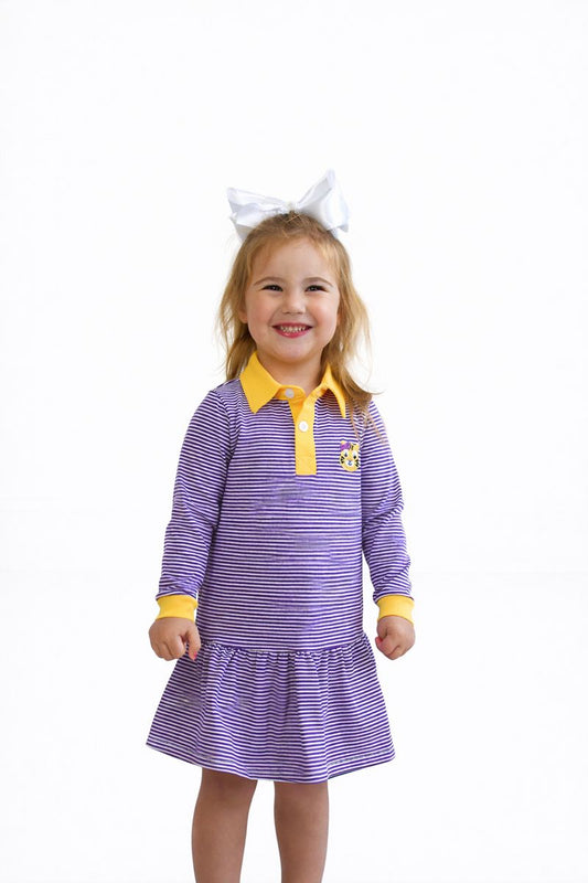 Purple & Gold Striped Tiger Collared Dress