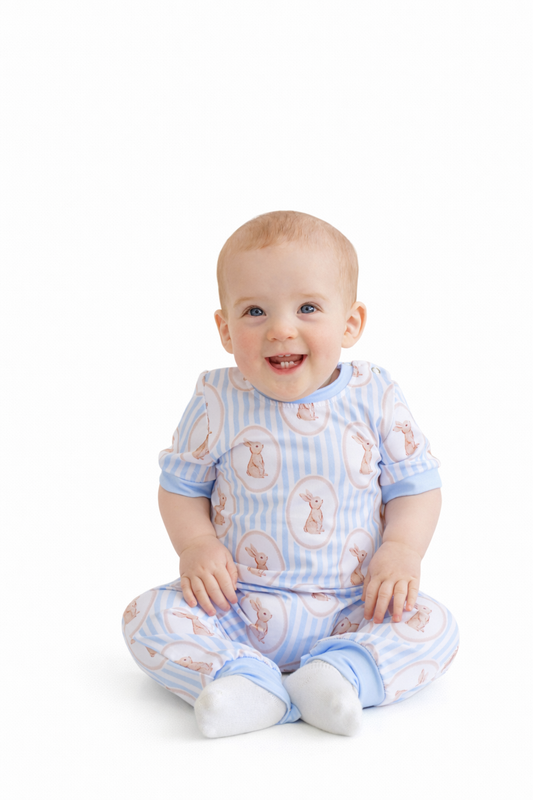 Blue Stripe Bunny Boy Romper