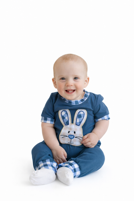 Gingham Bunny Boy Romper-embroidery