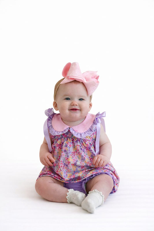 Spring Purple Floral Bow Ruffle Girl Bloomer Set