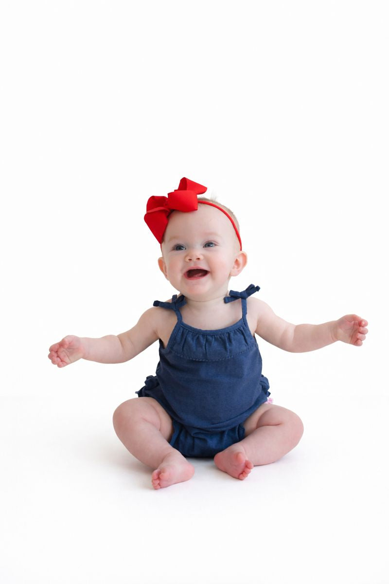 Baby Girls Faux Denim Pom Pom Bubble Romper