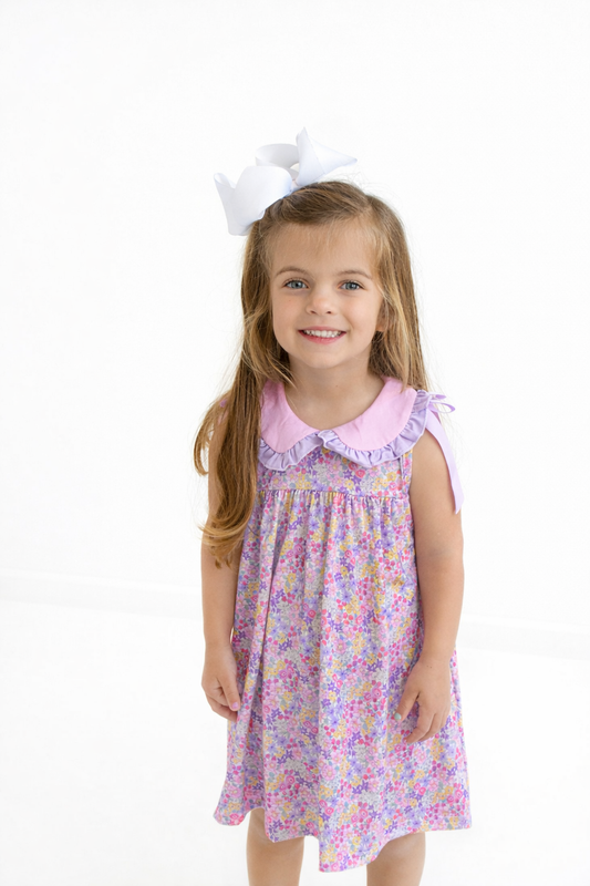 Summer Purple Floral Bow Ruffle Girls Dress