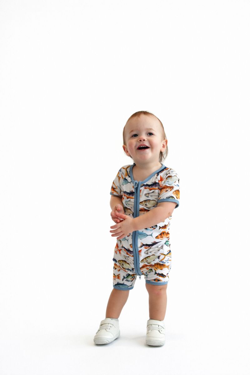 Blue Tide Fish Bamboo Zip Romper