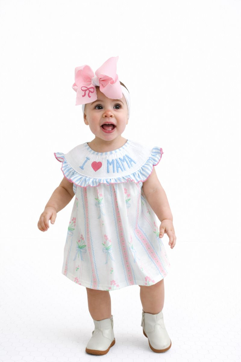 Blue floral I love MAMA smocked ruffle bloomer set