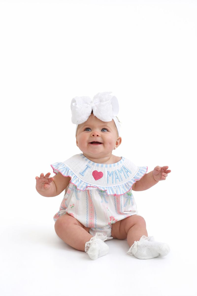 Blue floral I love MAMA smocked ruffle bubble