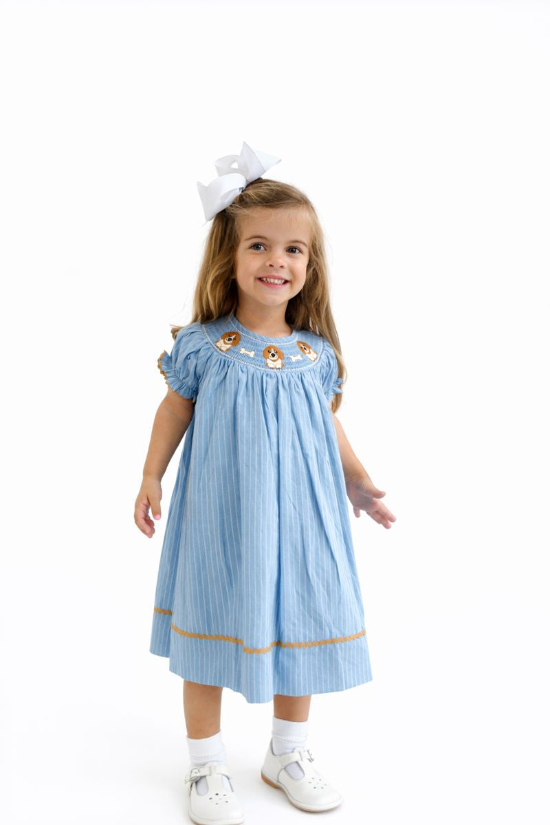 Light Blue Puppy Smocked Bishop Dress