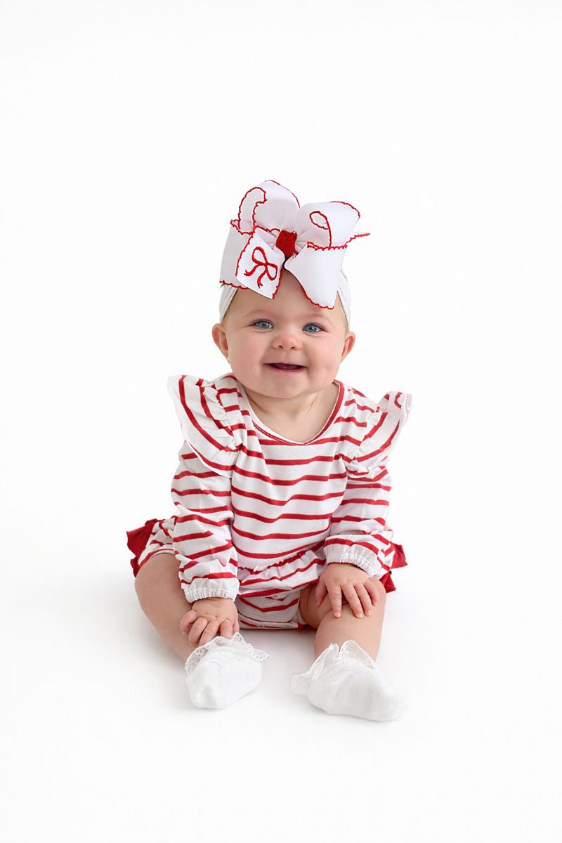 Baby Girls Red & White Stripe Knit Long Sleeve Flutter Bubble Romper