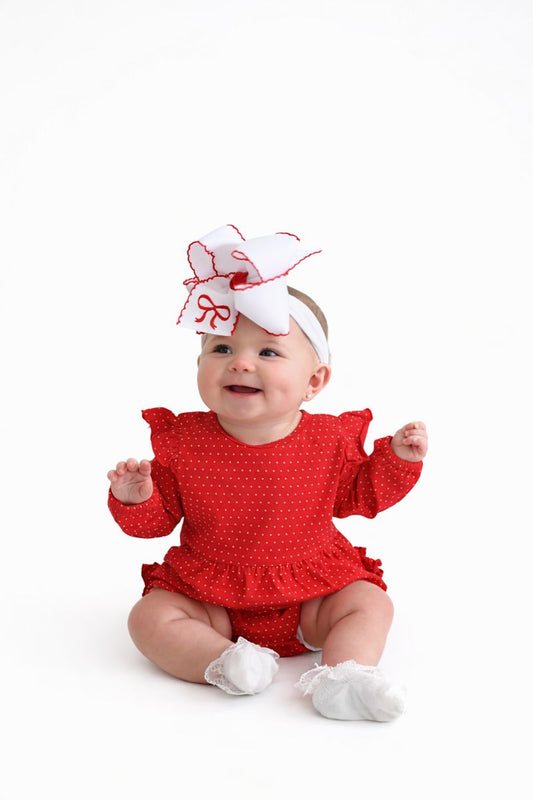 Baby Girls Tiny Red & Pink Dots Knit Long Sleeve Flutter Bubble Romper