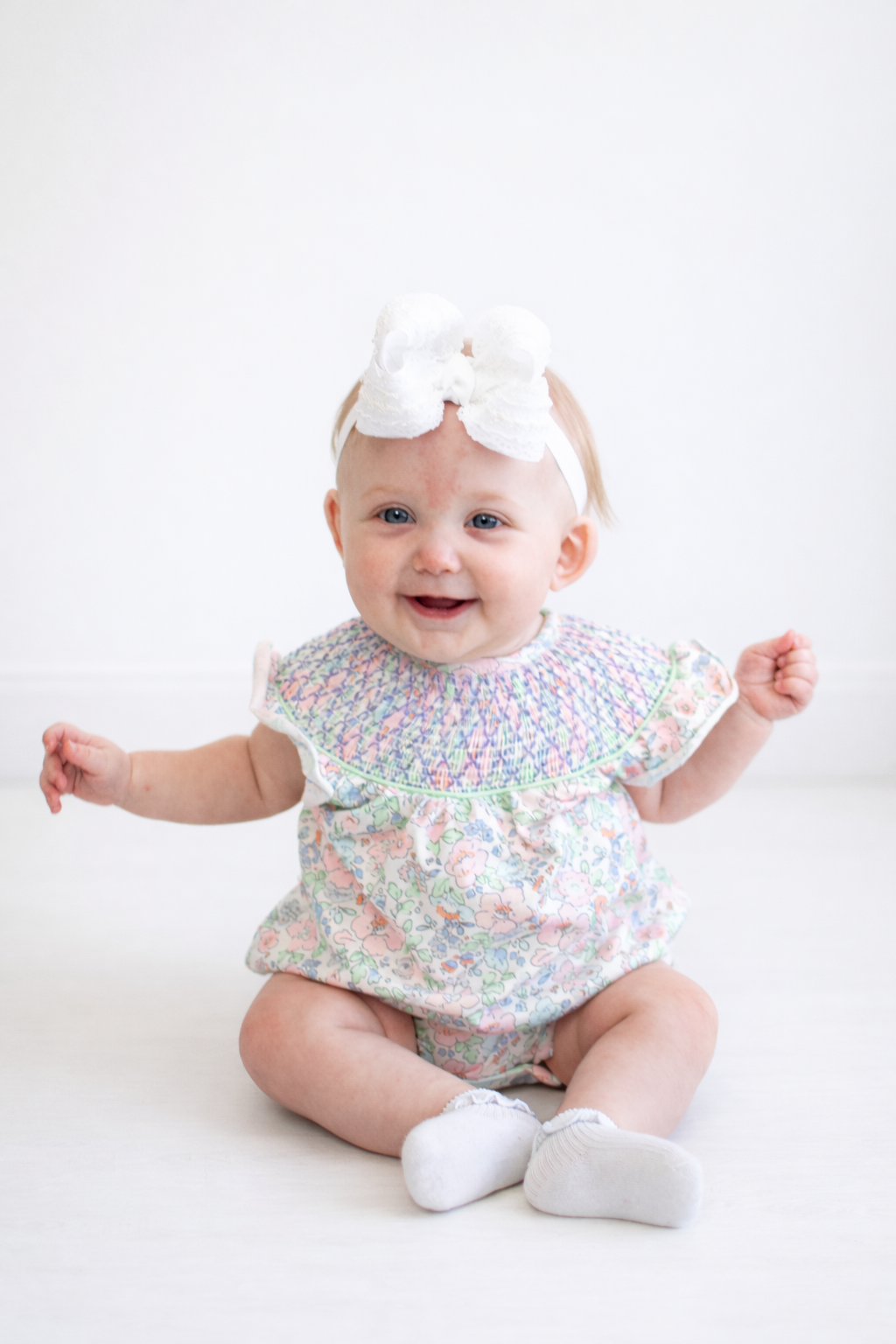 Green floral smocked ruffle bubble