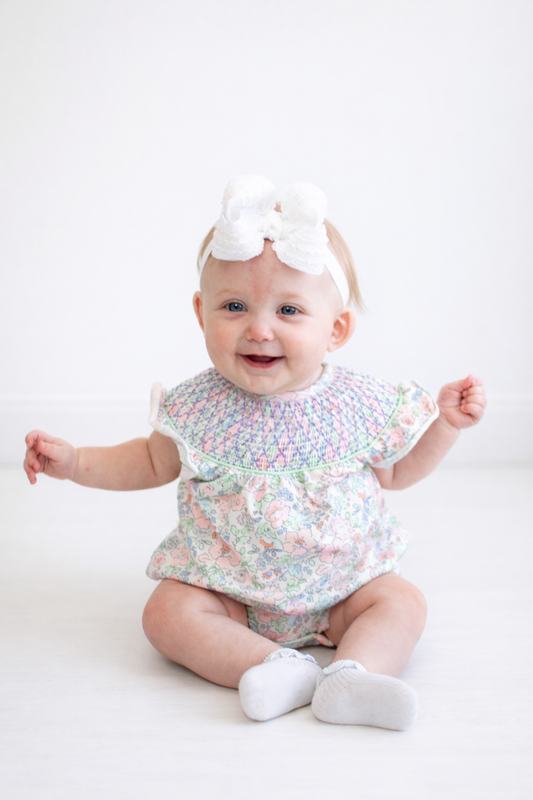Green floral smocked ruffle bubble