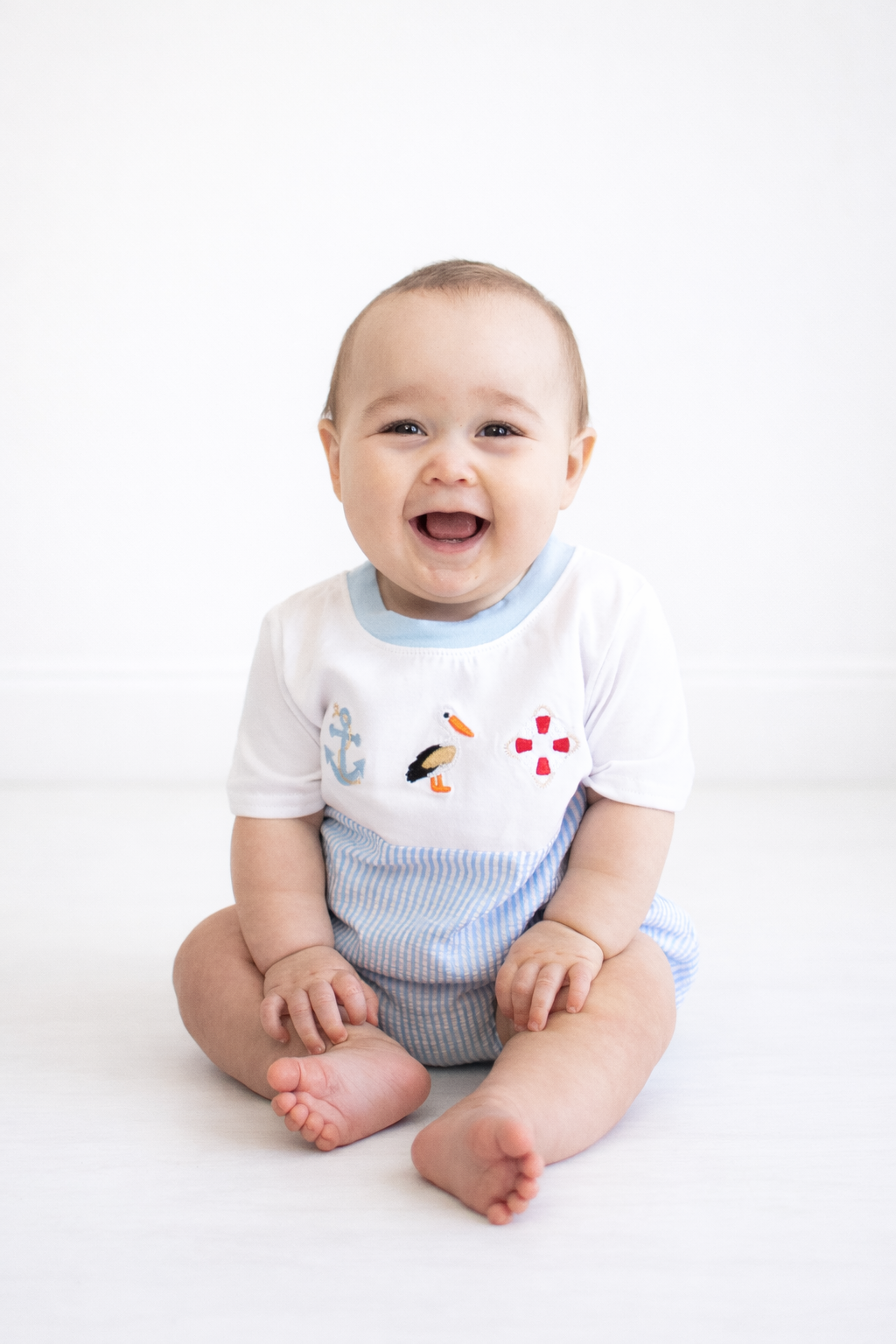 Blue nautical trio embroidery seersucker boy bubble