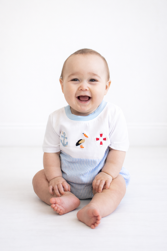 Blue nautical trio embroidery seersucker boy bubble