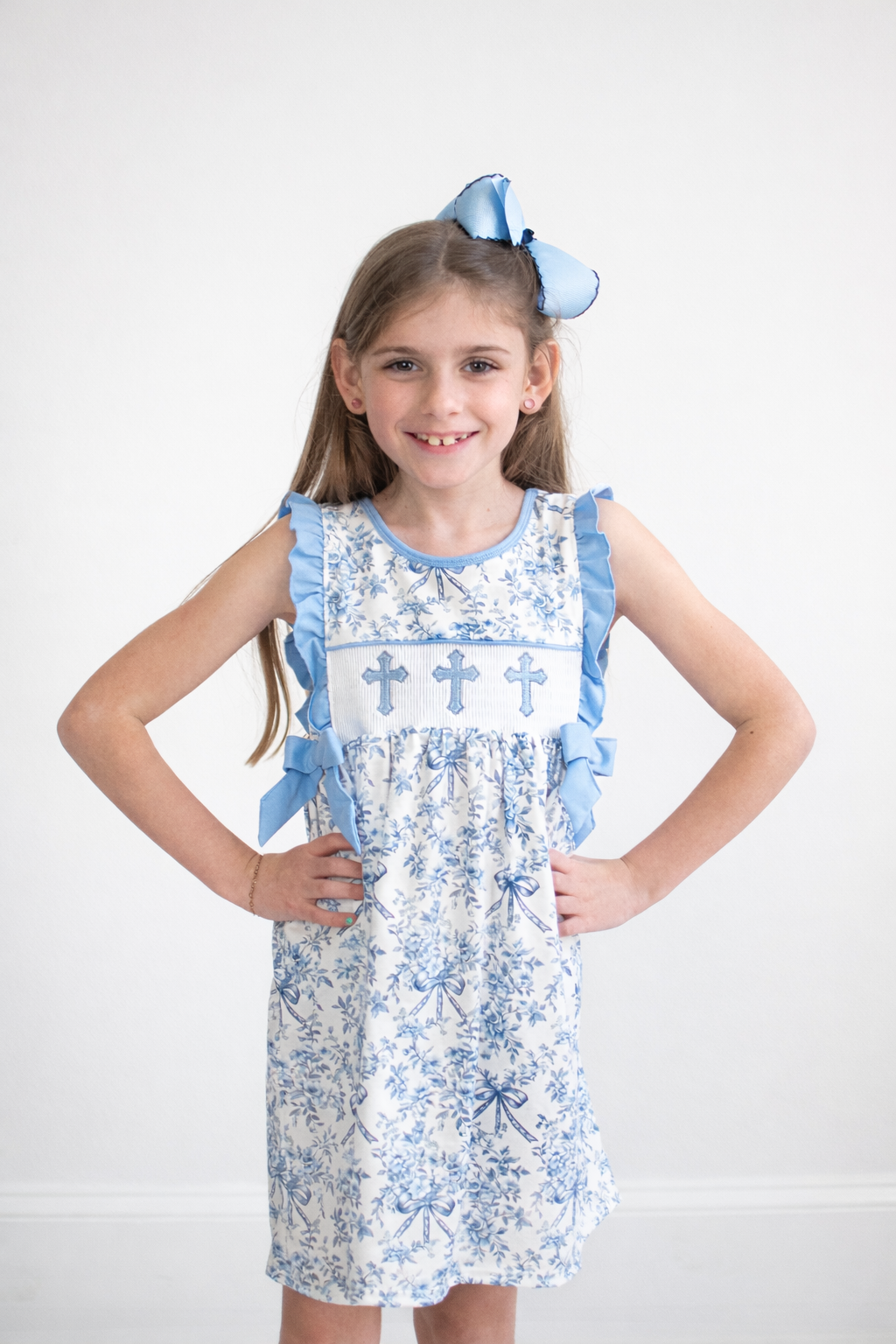Blue floral cross smocked ruffle dress
