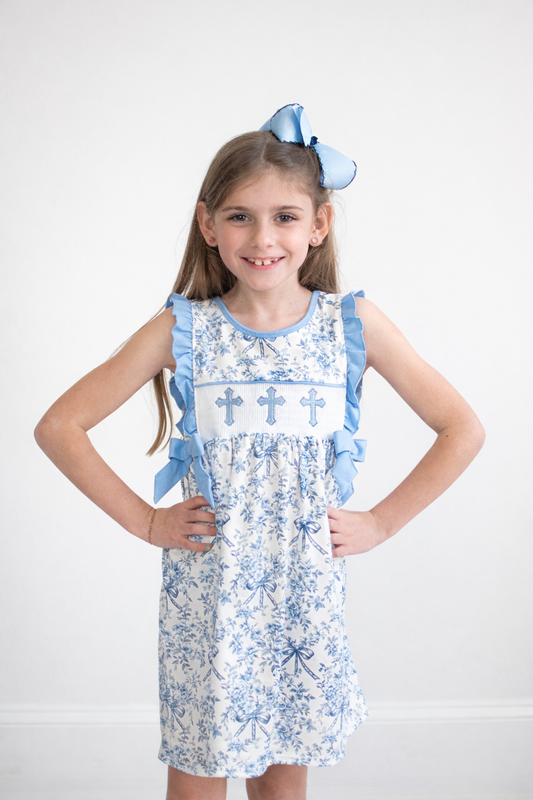 Blue floral cross smocked ruffle dress