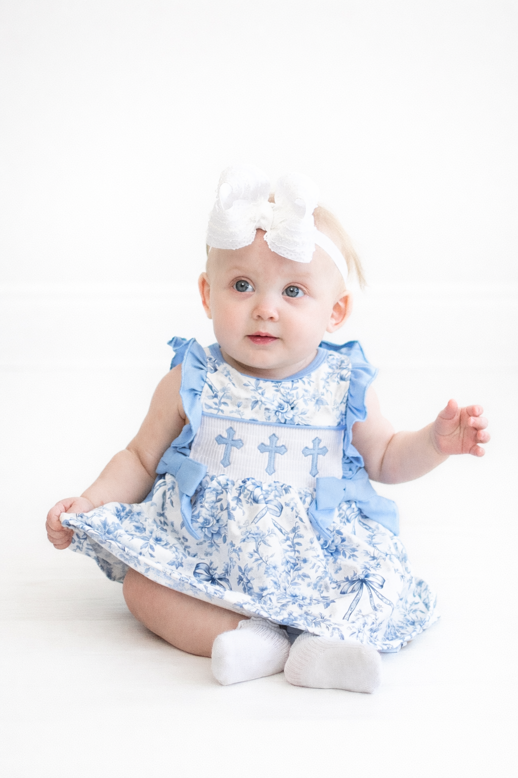 Blue floral cross smocked bloomer set