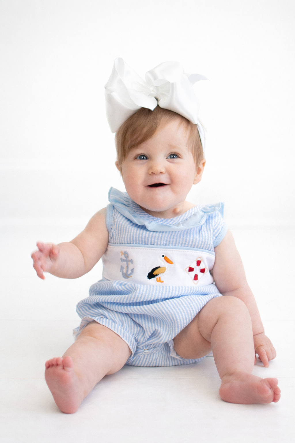 Blue nautical trio embroidery seersucker ruffle bubble