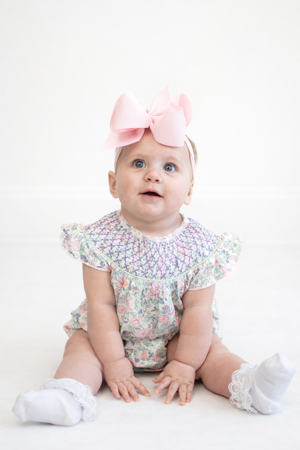 Green floral smocked ruffle bubble